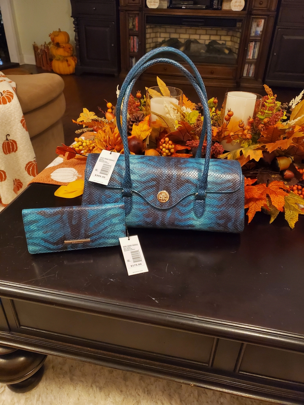 Blue Snakeskin-Texture Shoulder Bag with Matching Wallet